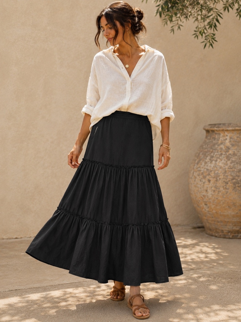 Claudia Richard Black Tiered Cotton Maxi Skirt Boho Prairie Cottagecore XL